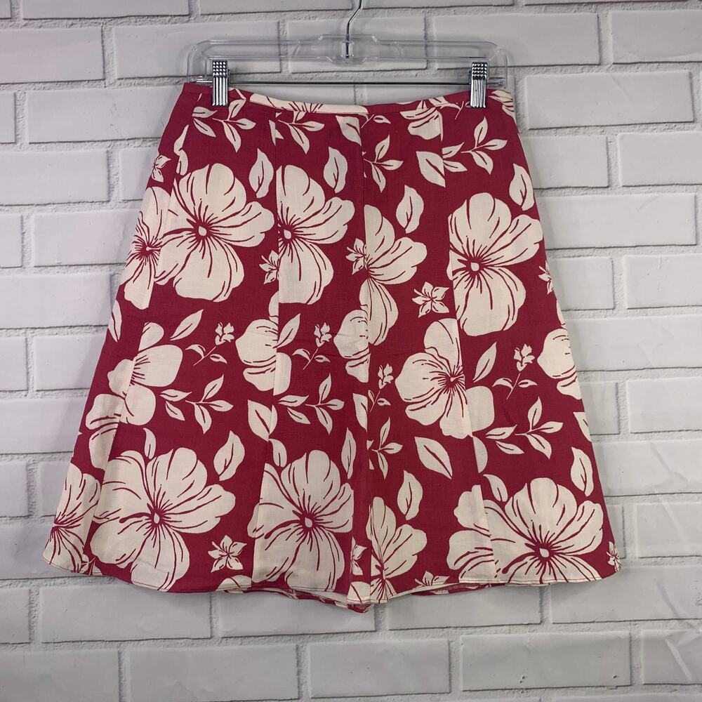 Ann Taylor Petites linen blend panel skirt hibiscus dark red lined 4P 4 petites